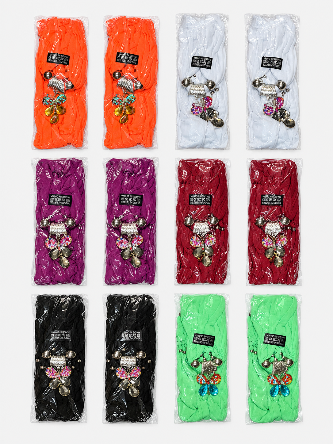 Dozen butterfly pendant scarves: two each in orange, light gray, purple, burgundy, black and green