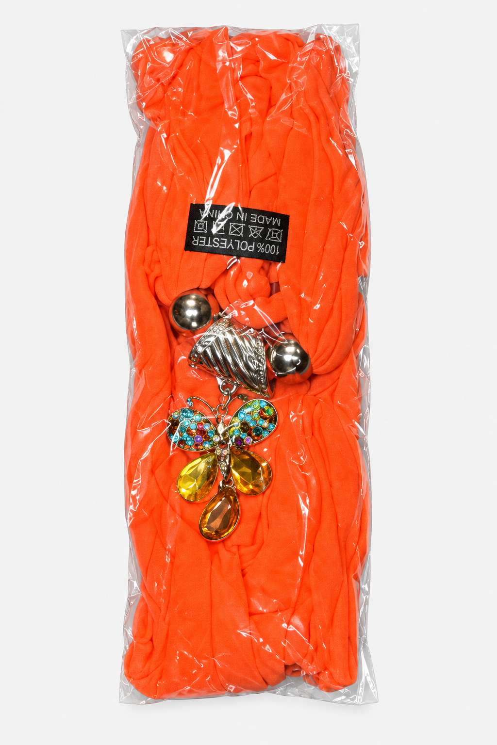 Orange butterfly pendant scarf in individual packaging
