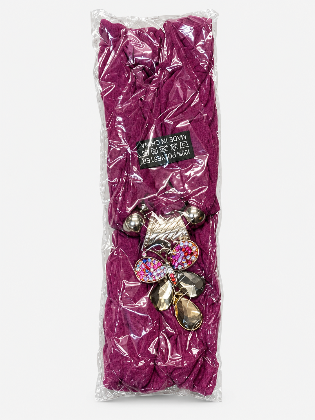 Purple butterfly pendant scarf in individual packaging