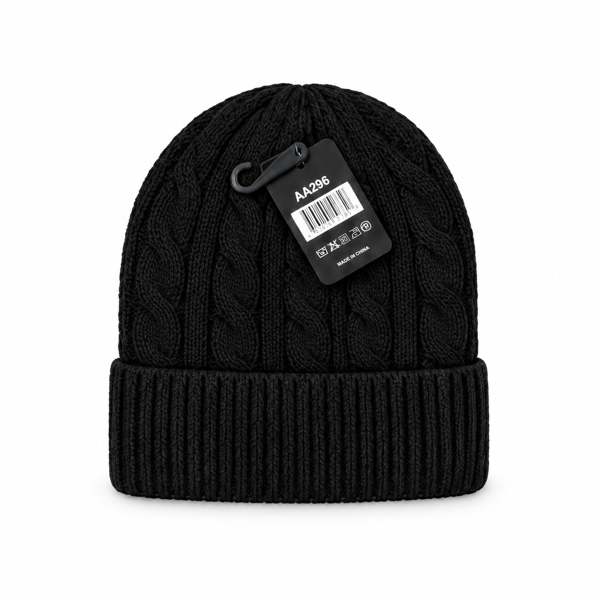 Black cable-knit beanie with a folded ribbed cuff
