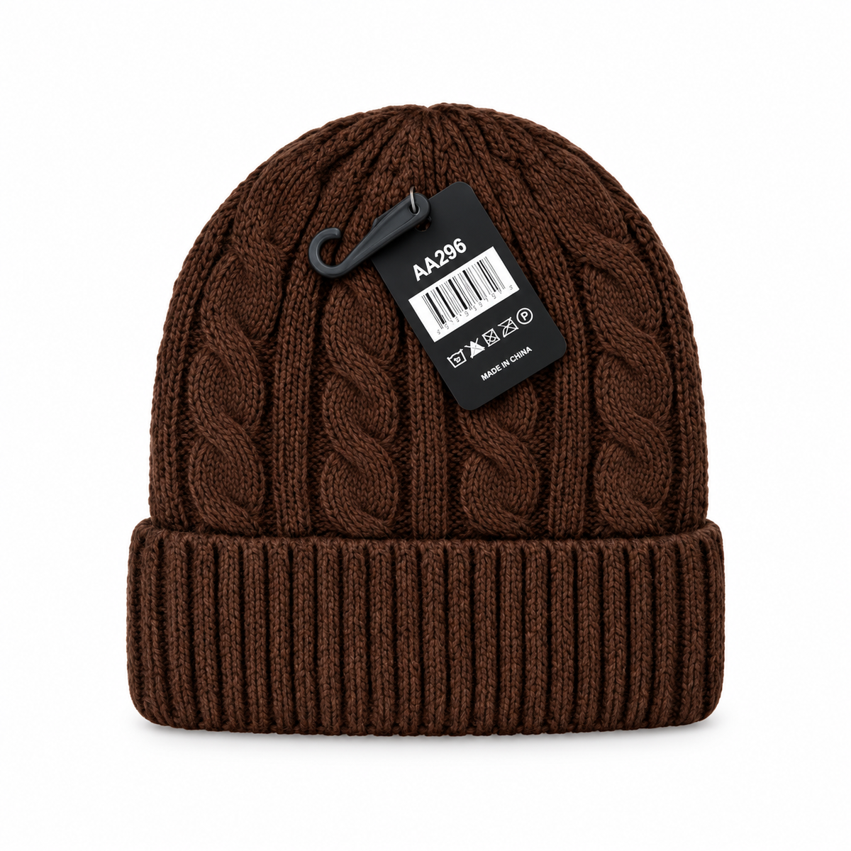 Brown cable-knit beanie with a folded ribbed cuff