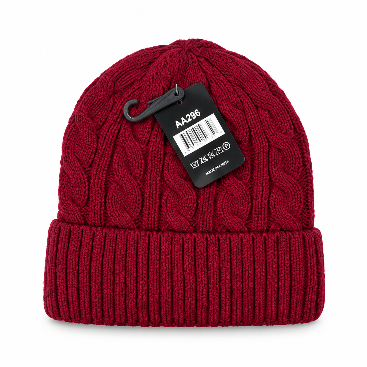 Burgundy cable-knit beanie with a folded ribbed cuff