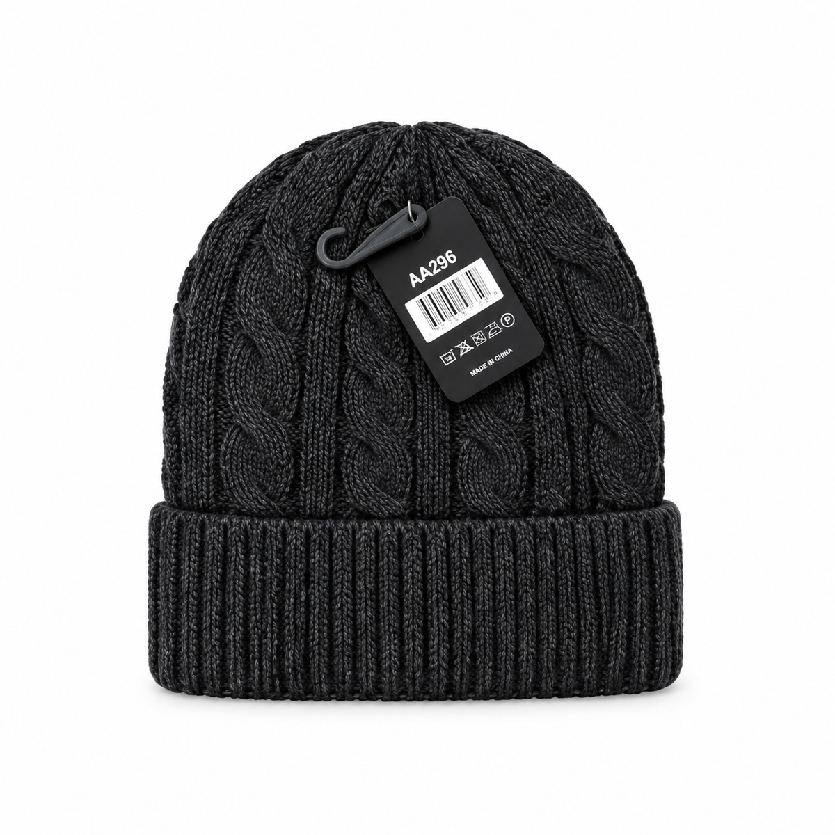 Charcoal gray cable-knit beanie with a folded ribbed cuff