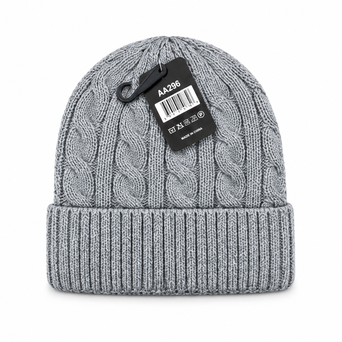 Light gray cable-knit beanie with a folded ribbed cuff