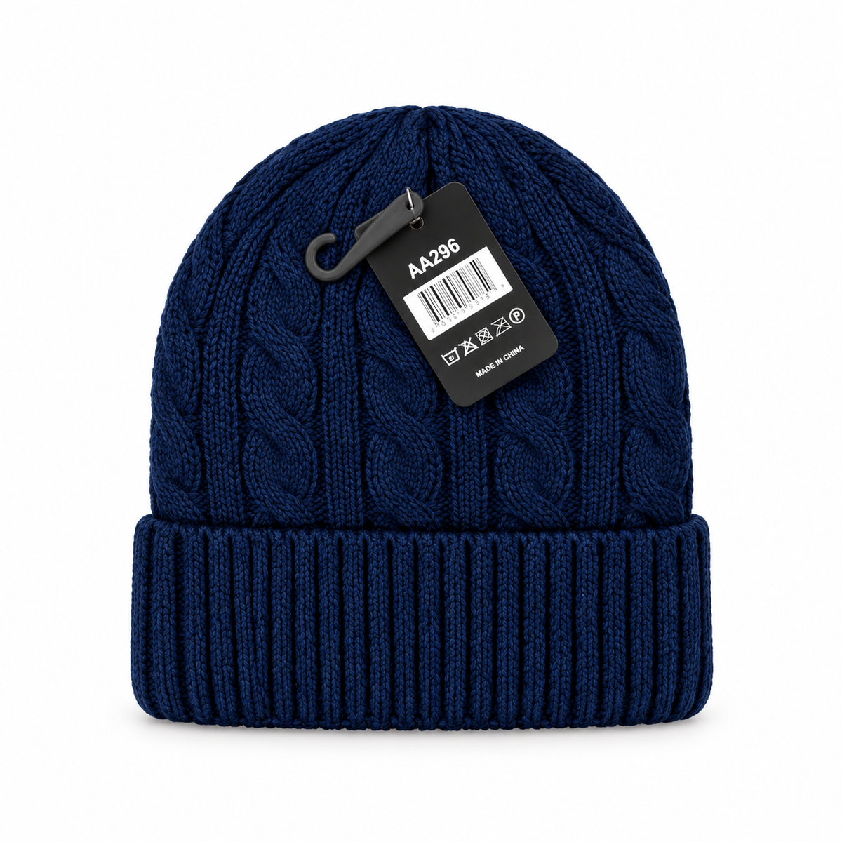 Navy cable-knit beanie with a folded ribbed cuff