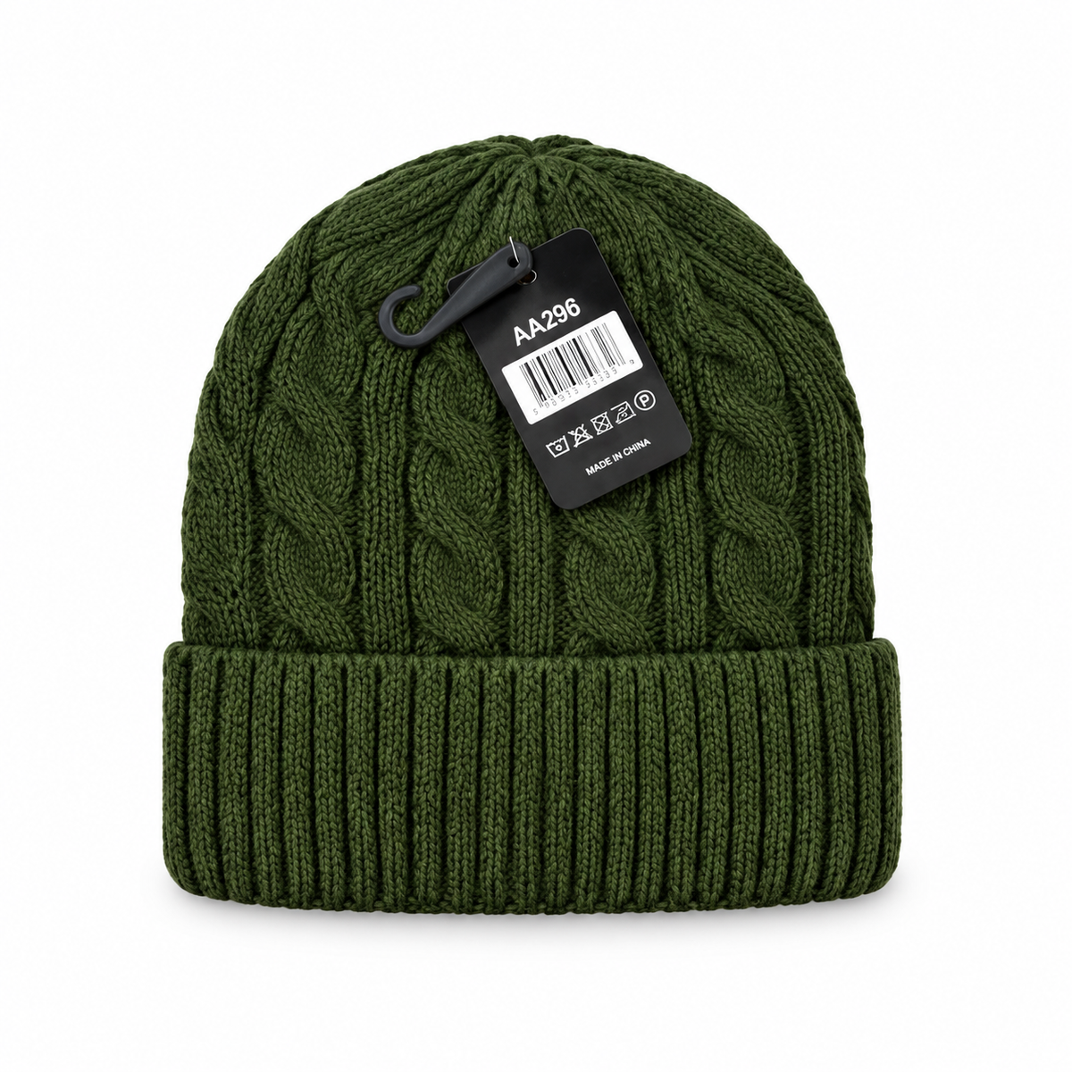 Olive green cable-knit beanie with a folded ribbed cuff