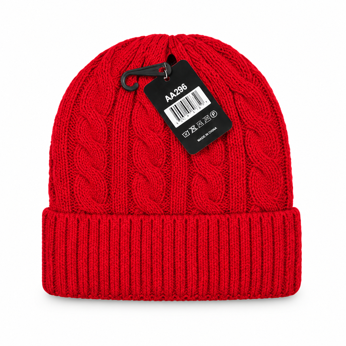 Red cable-knit beanie with a folded ribbed cuff