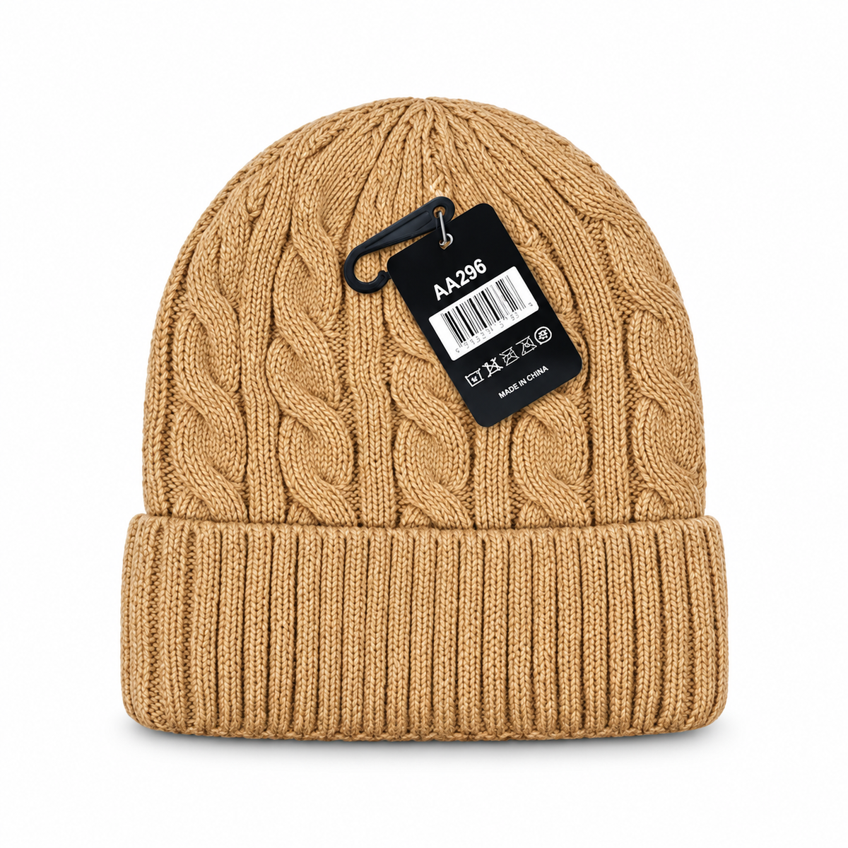 Tan cable-knit beanie with a folded ribbed cuff