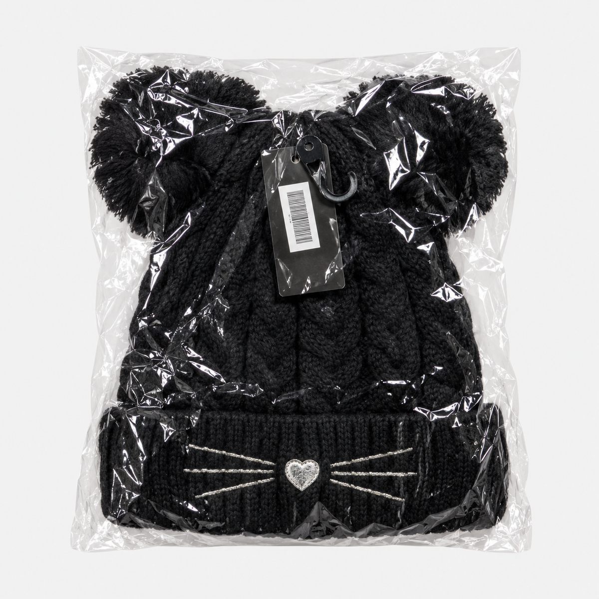 Black double pom-pom cat-face cable knit beanie in original packaging
