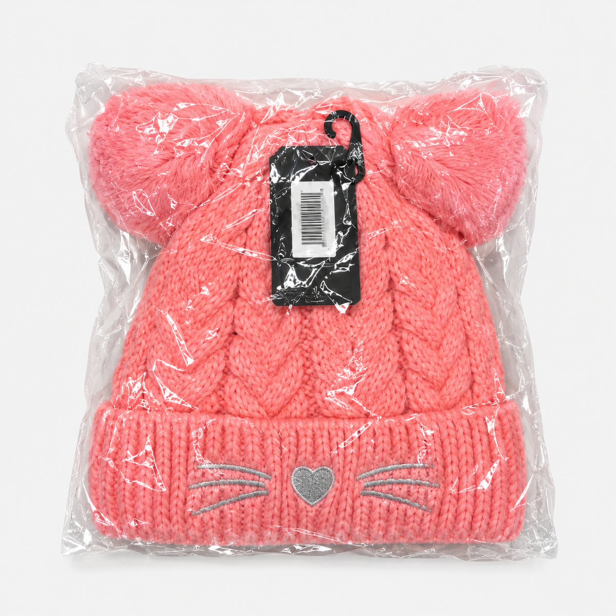 Coral pink double pom-pom cat-face cable knit beanie in original packaging