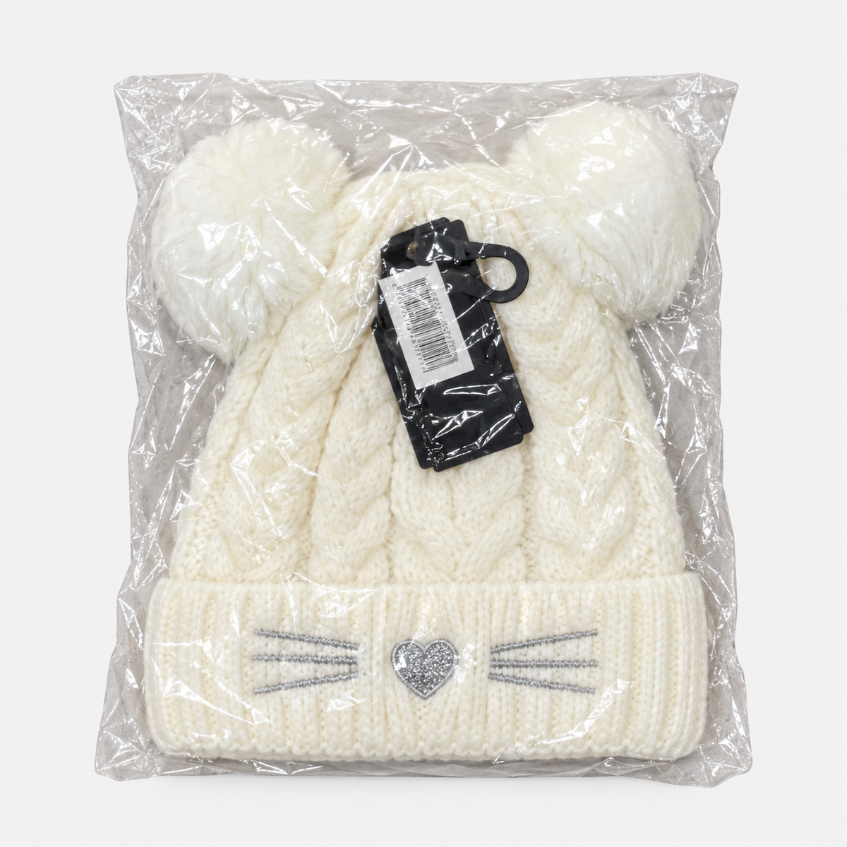 Cream double pom-pom cat-face cable knit beanie in original packaging