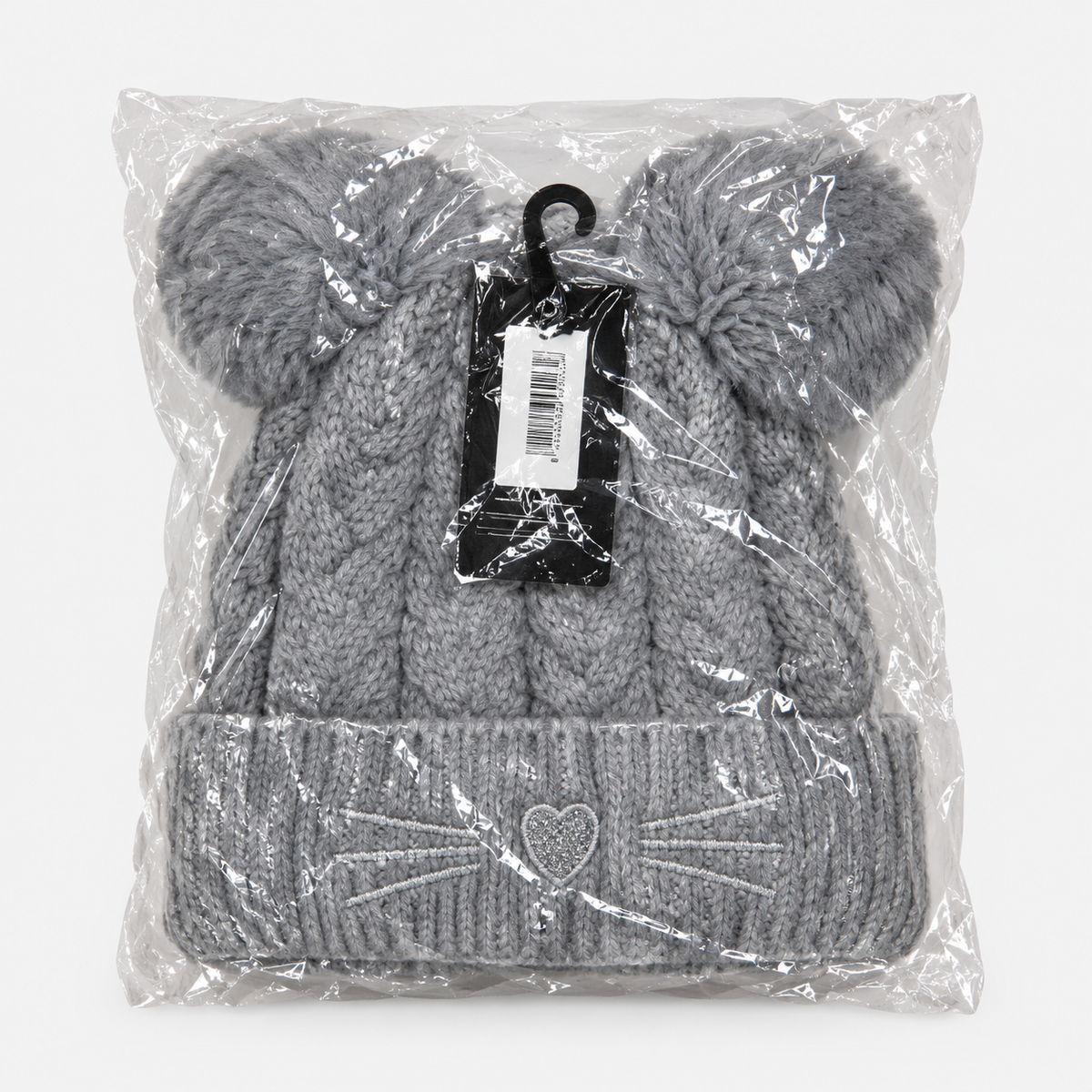 Gray double pom-pom cat-face cable knit beanie in original packaging