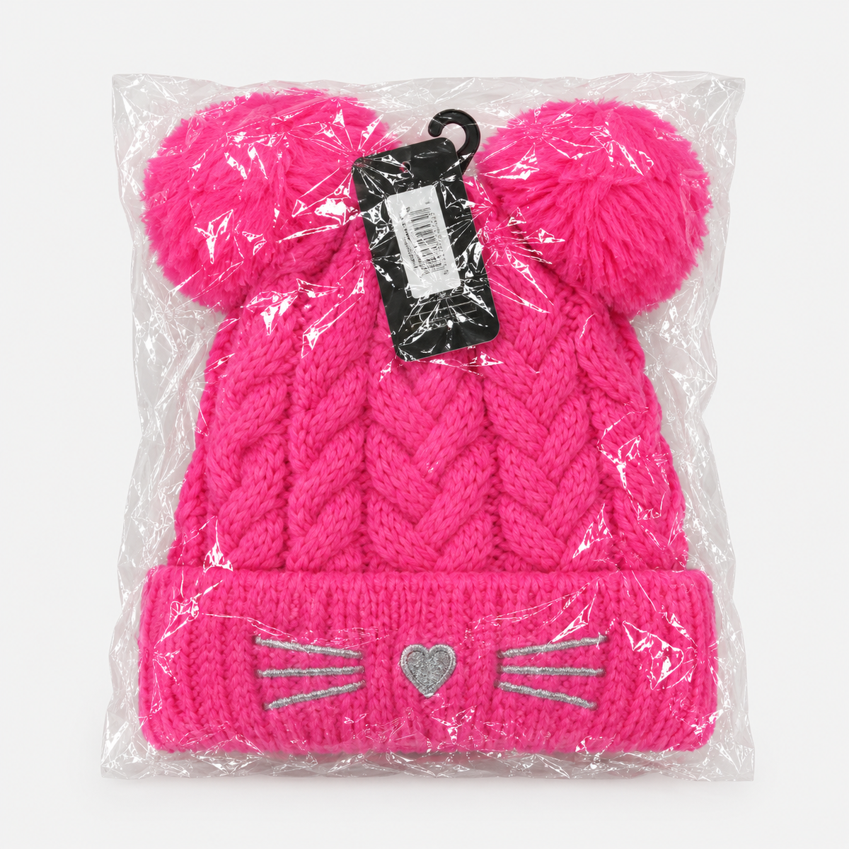 Hot pink double pom-pom cat-face cable knit beanie in original packaging