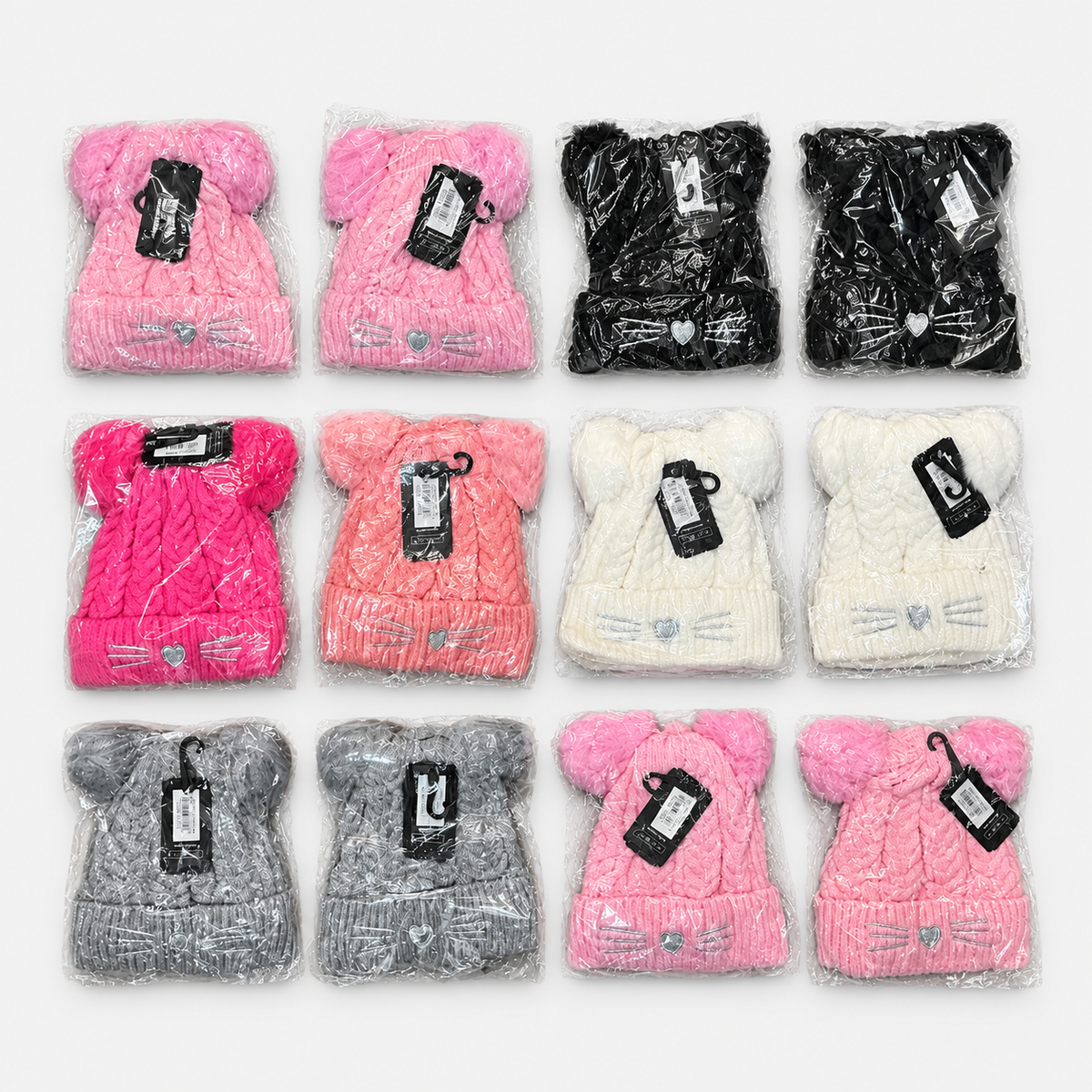 Full assortment of 12 packaged double pom-pom cat-face cable knit beanies