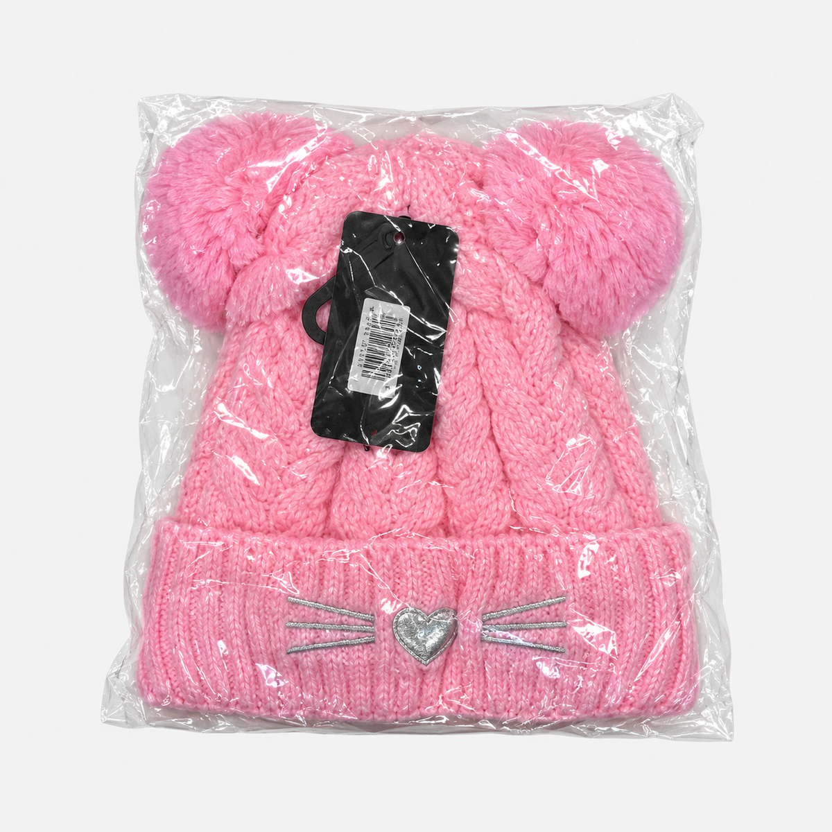 Pink double pom-pom cat-face cable knit beanie in original packaging