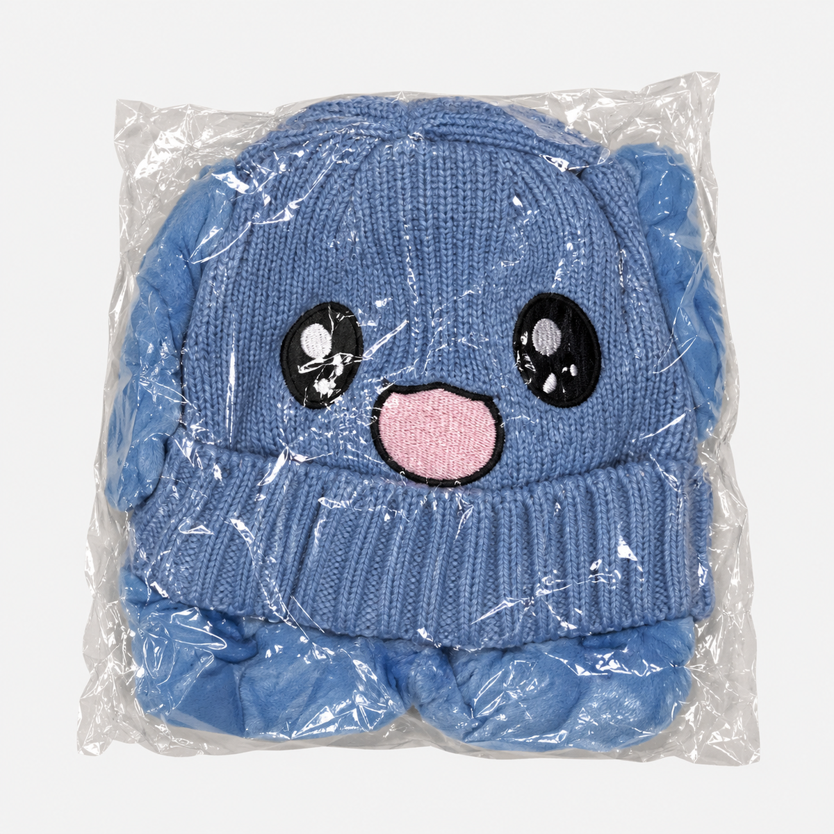 Blue happy-face knit hat in individual packaging