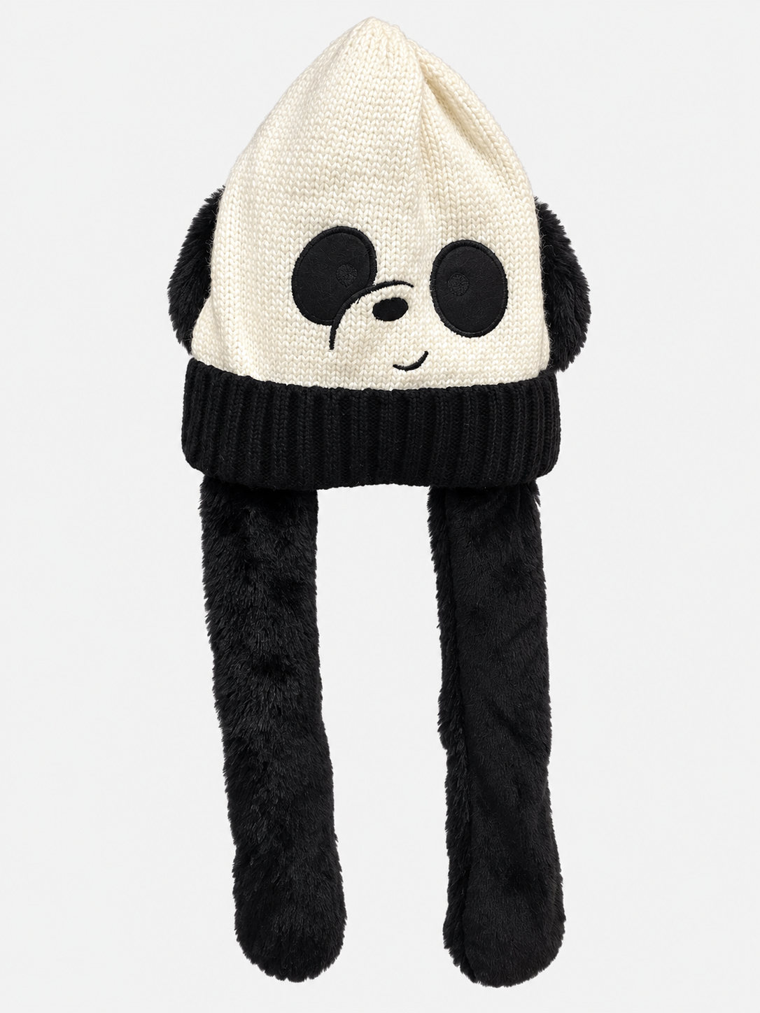 Cream and black panda knit hat opened with long black plush flaps