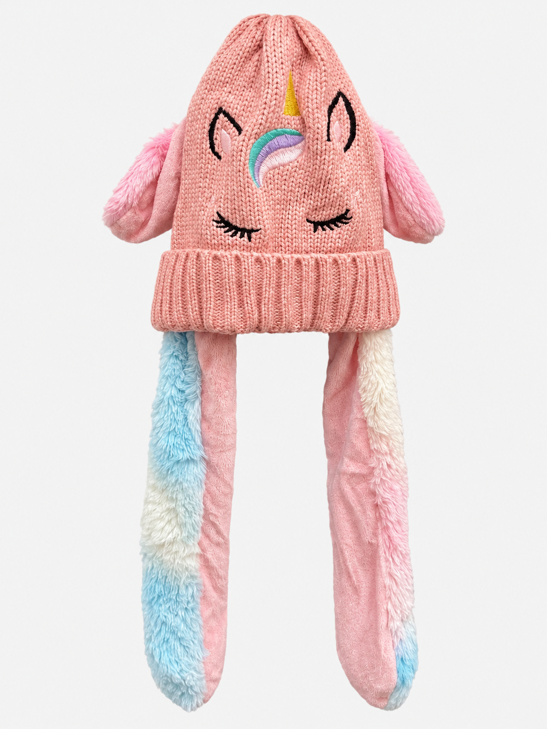 Pink unicorn knit hat opened with long pastel plush flaps