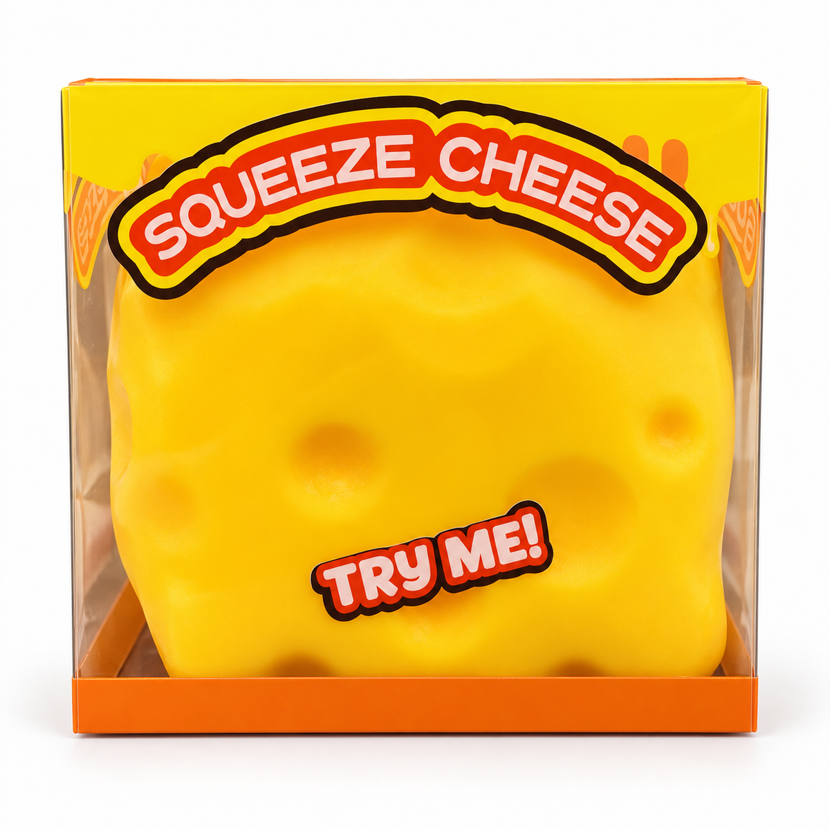 Large yellow cheese-shaped squishy toy with dimpled details in a yellow-and-orange retail box