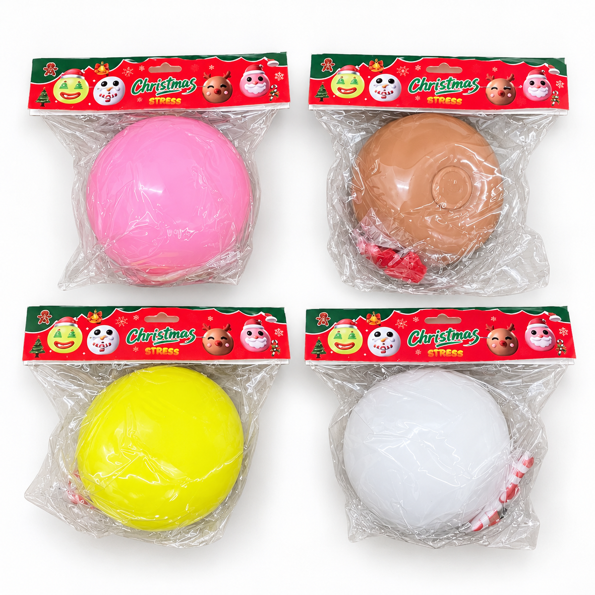 Christmas DIY squishy stress ball color options: pink, brown, yellow and white; sold individually