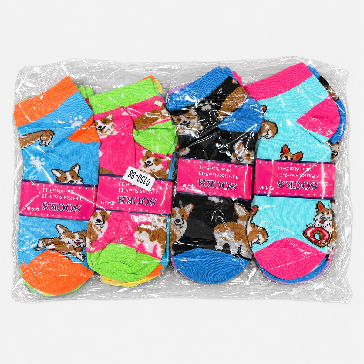 Colorful corgi ankle socks in a 12-pair pack on a light gray background