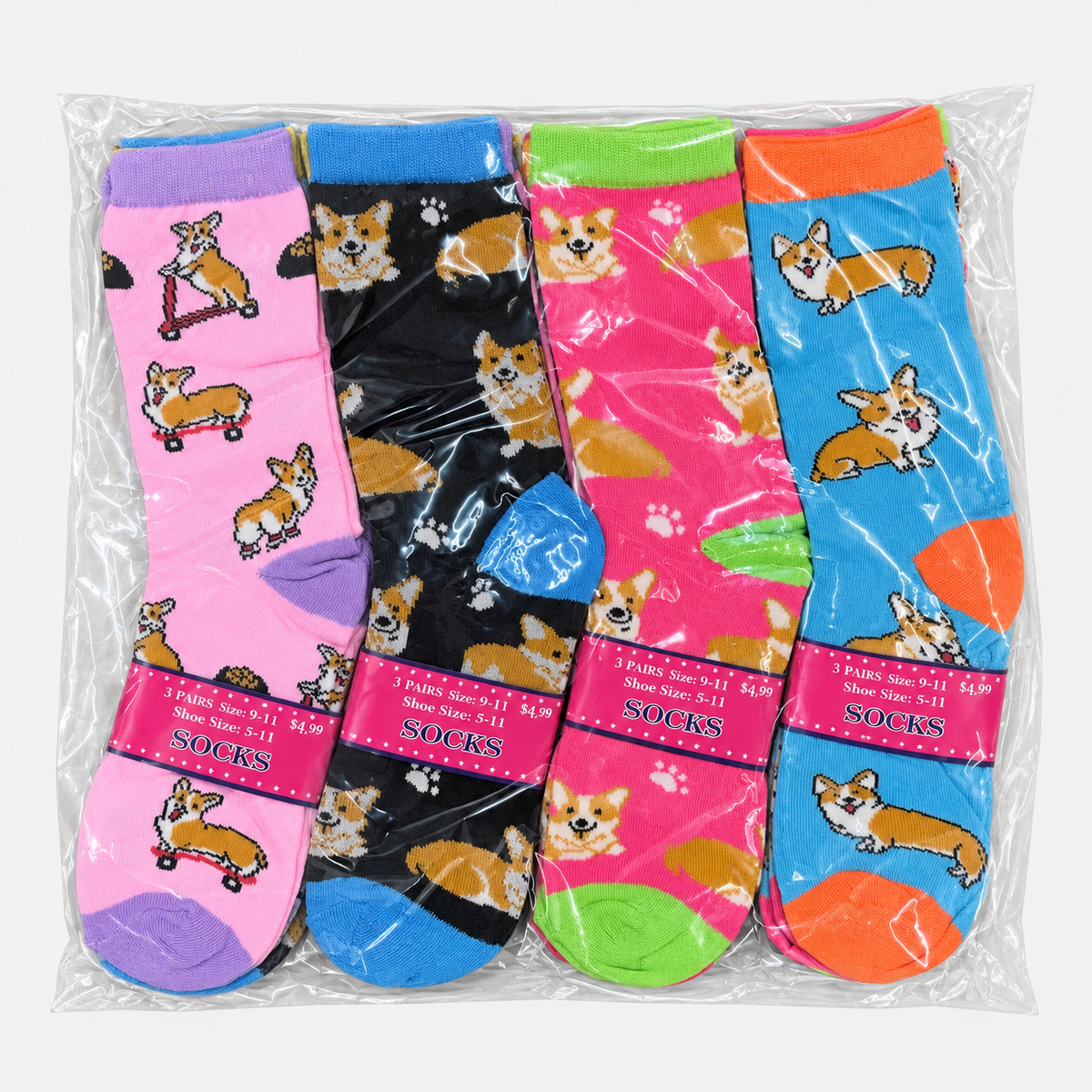 Colorful corgi crew socks in a 12-pair pack on a light gray background
