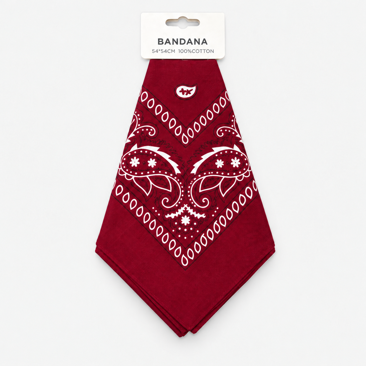 One burgundy cotton paisley bandana with retail hang tag on a light gray background.