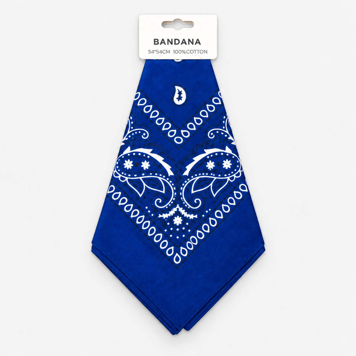 One royal blue cotton paisley bandana with retail hang tag on a light gray background.