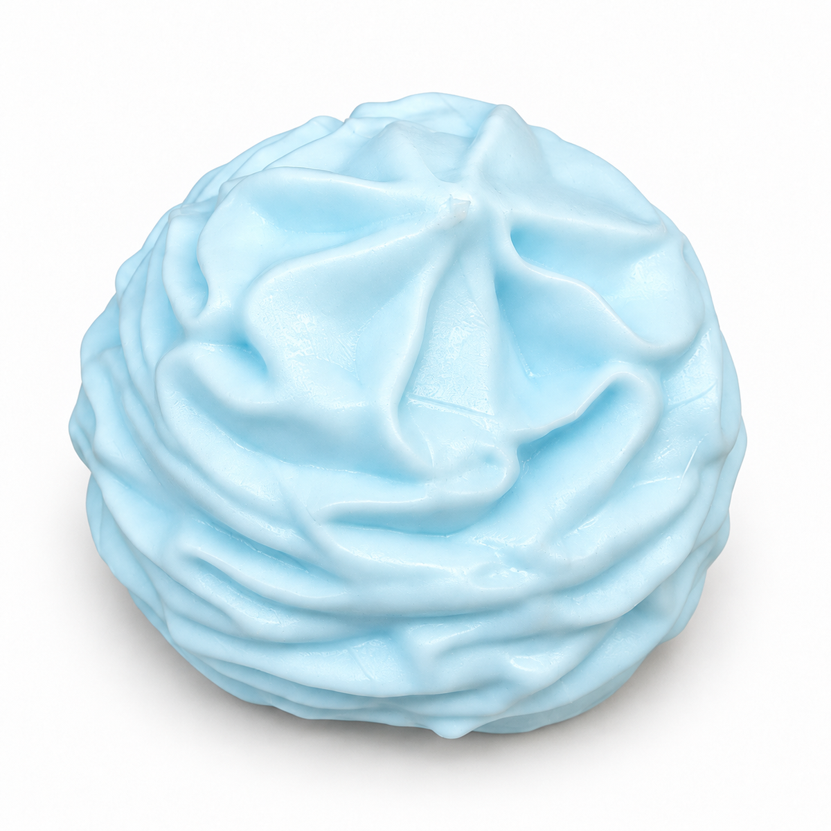 Light blue cream roll squishy toy with a rounded swirl design, shown outside its box