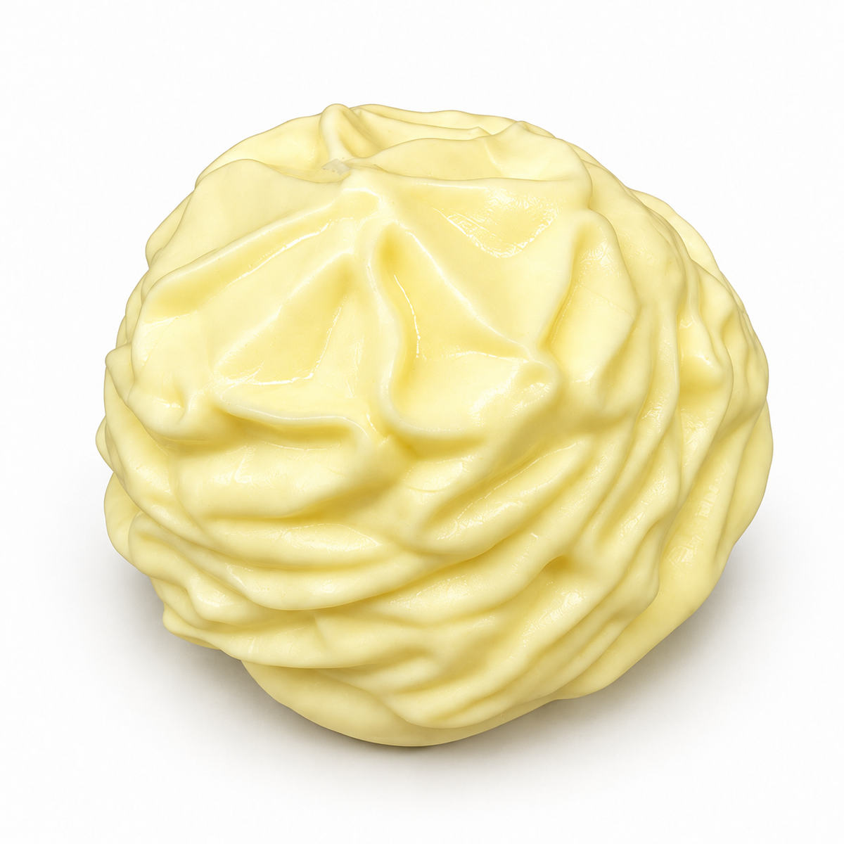 Cream-colored cream roll squishy toy with a rounded swirl design, shown outside its box