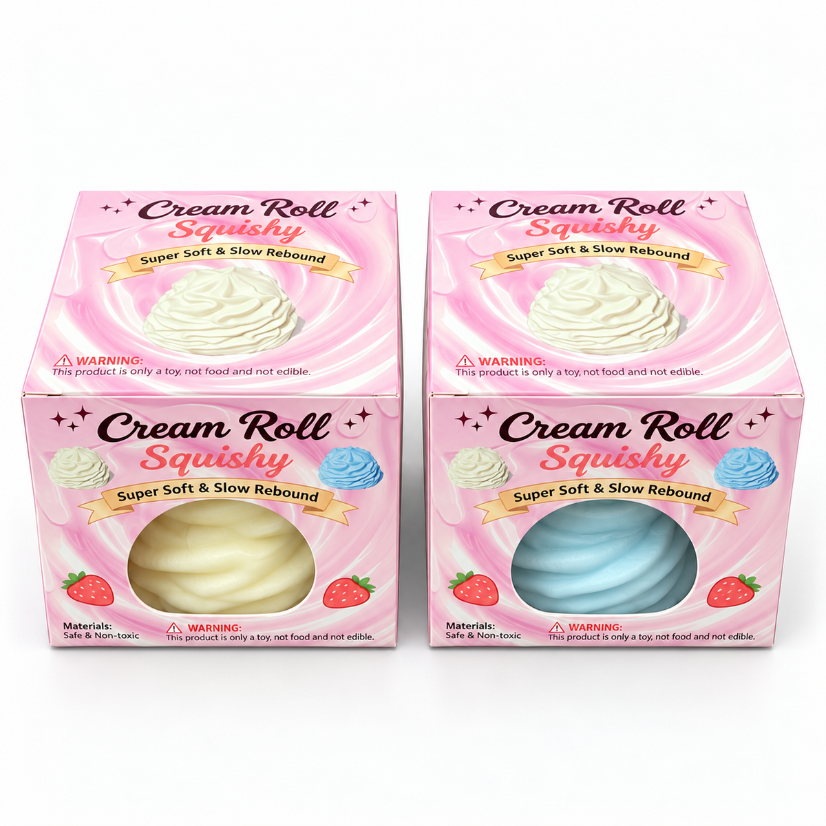 Cream Roll Squishy retail packaging showing cream and blue toys; sold individually