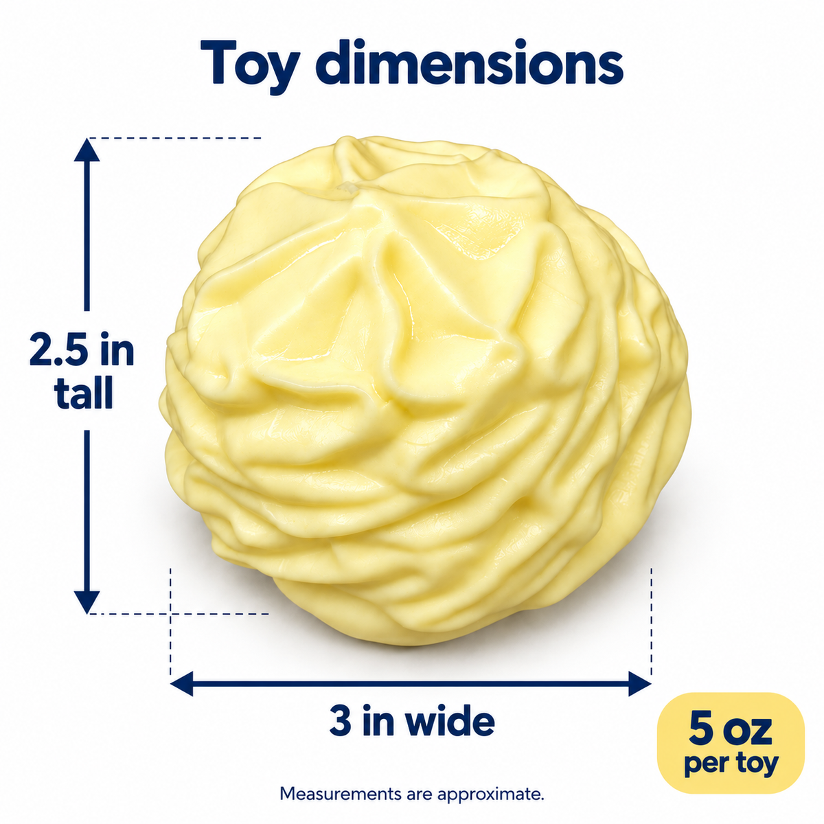 Cream Roll Squishy: approximately 2.5 inches tall by 3 inches wide, 5 ounces per toy.