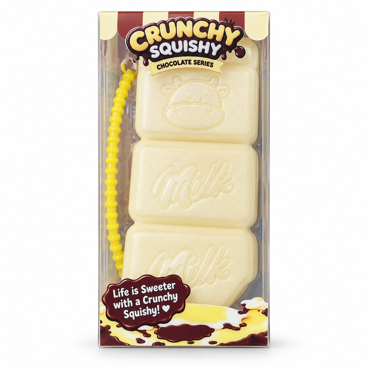 Cream three-segment crunchy chocolate bar squishy in retail packaging