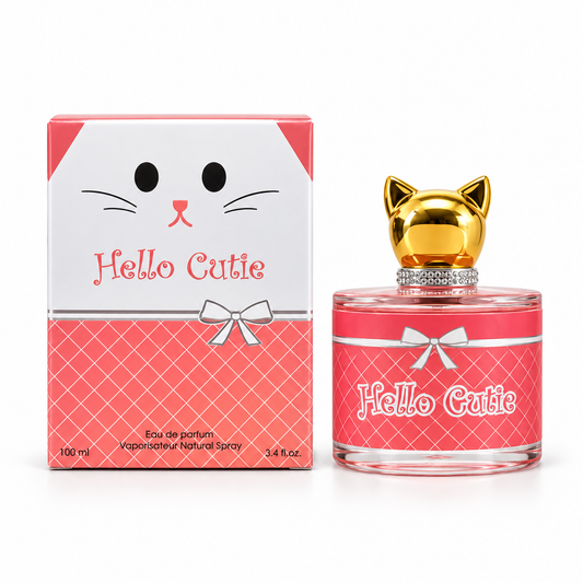 Hello Cutie 100 ml bottle and coordinating box on a white background