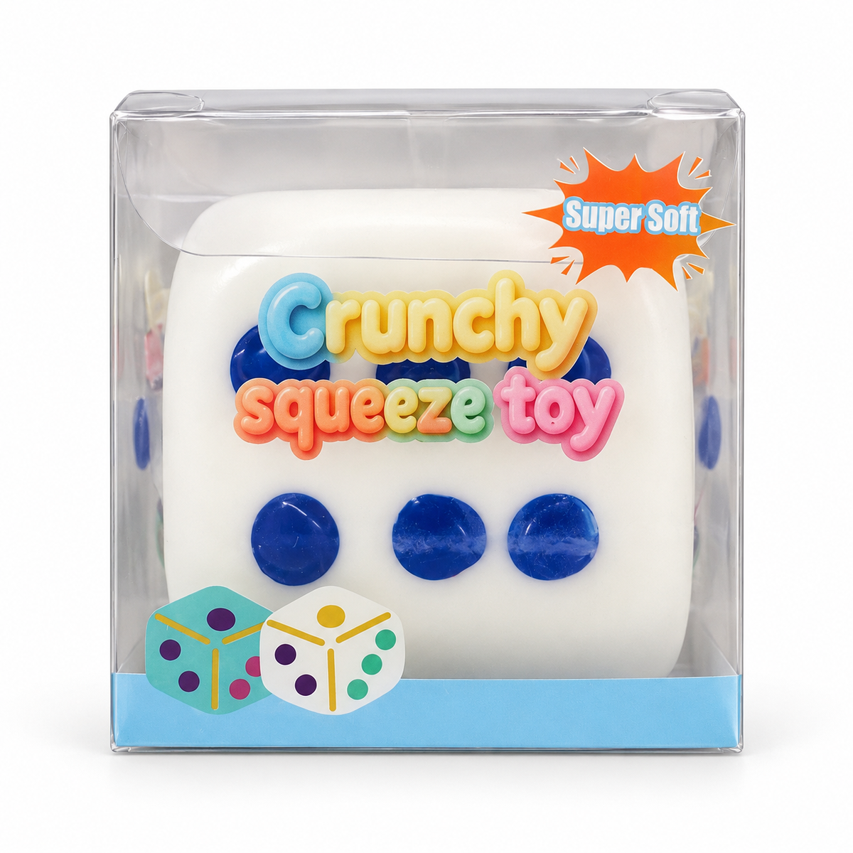 White dice-shaped squishy toy with colorful dots in a clear Crunchy Squeeze Toy retail box