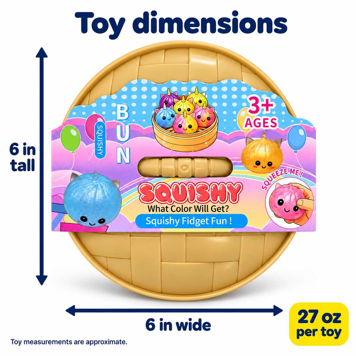 Large Dumpling Squishy: approximately 6 inches tall by 6 inches wide; 27 ounces per toy.