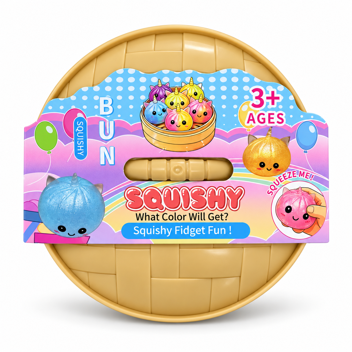 Large dumpling squishy toy in a round basket-style container with a colorful printed sleeve