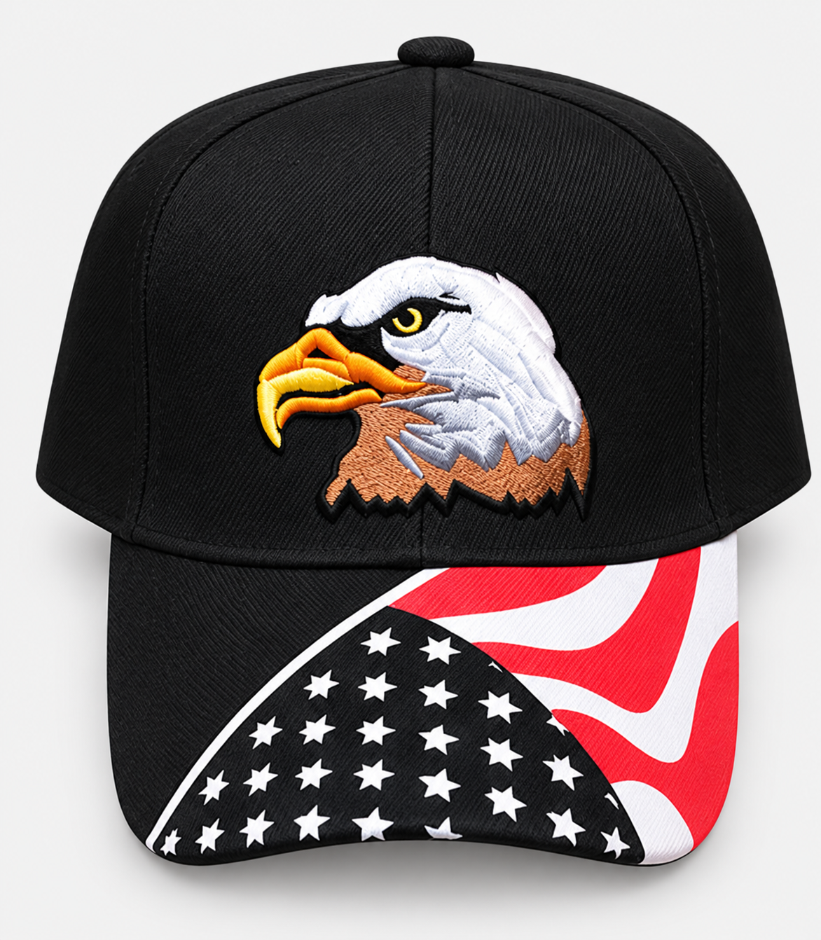Black Eagle embroidered flag-brim cap on a light gray background