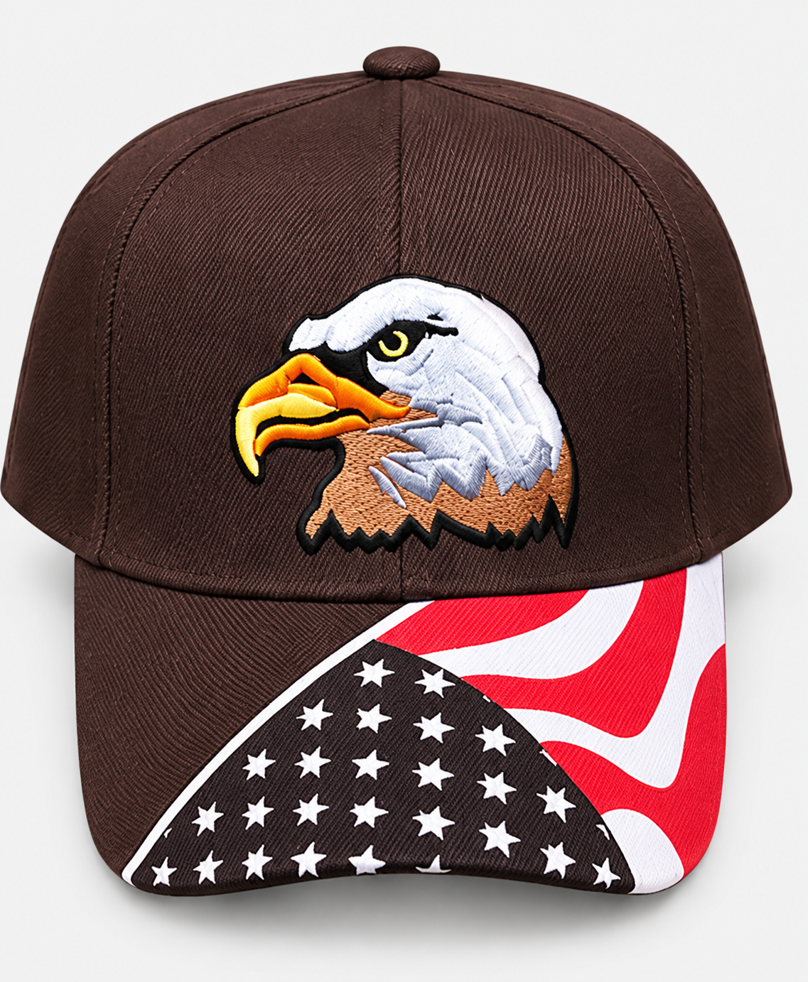 Brown Eagle embroidered flag-brim cap on a light gray background
