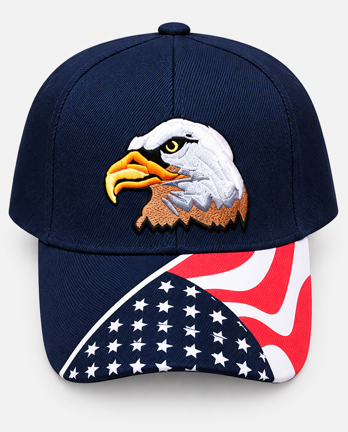 Navy Eagle embroidered flag-brim cap on a light gray background