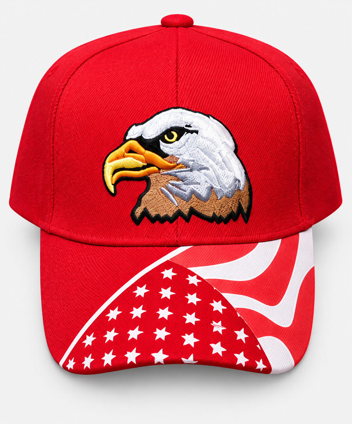 Red Eagle embroidered flag-brim cap on a light gray background