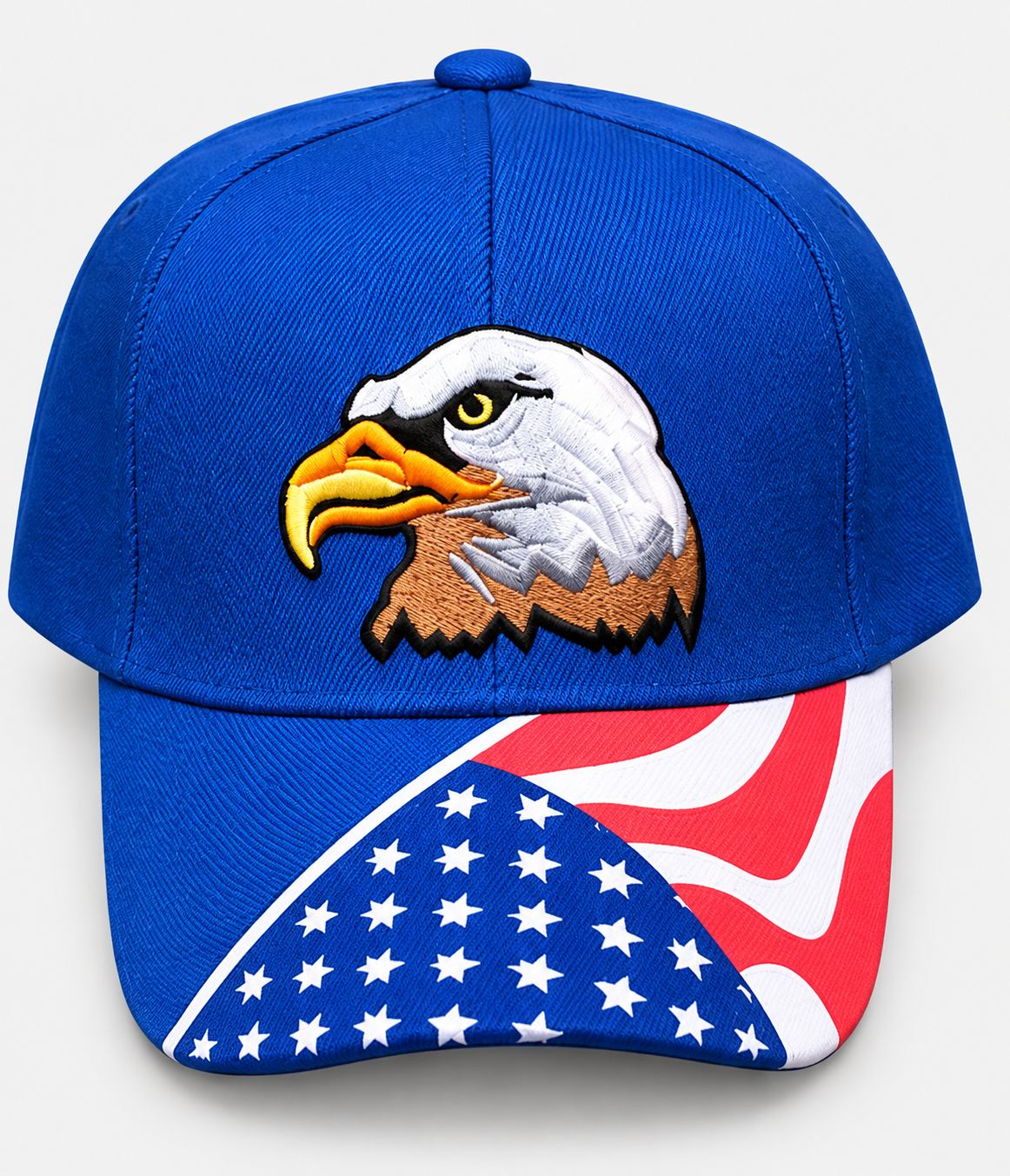 Royal blue Eagle embroidered flag-brim cap on a light gray background