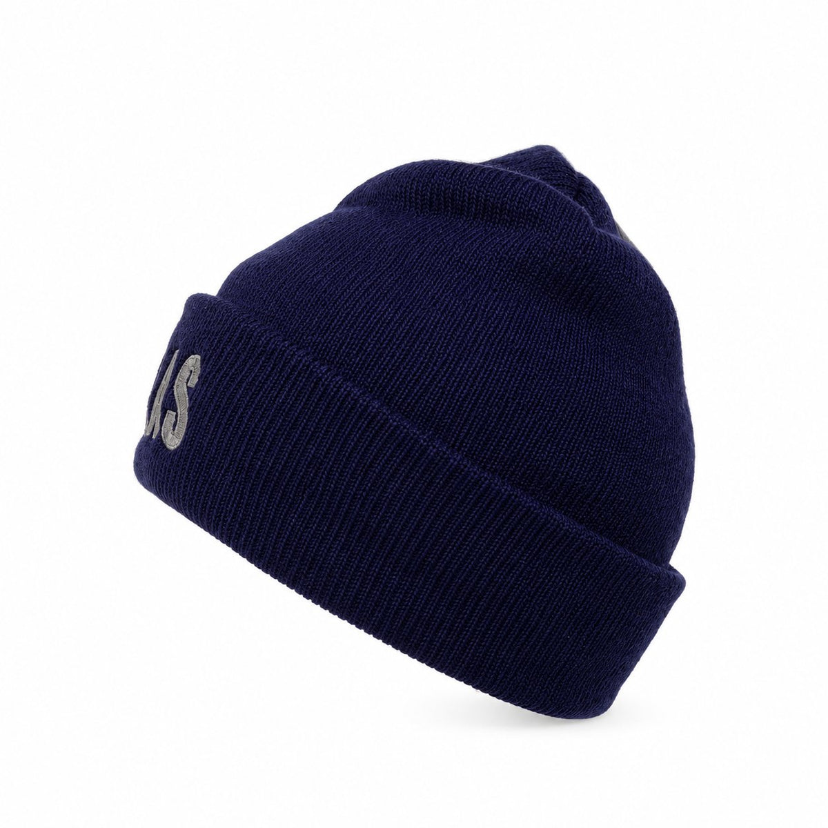 Side view of a navy cuffed beanie