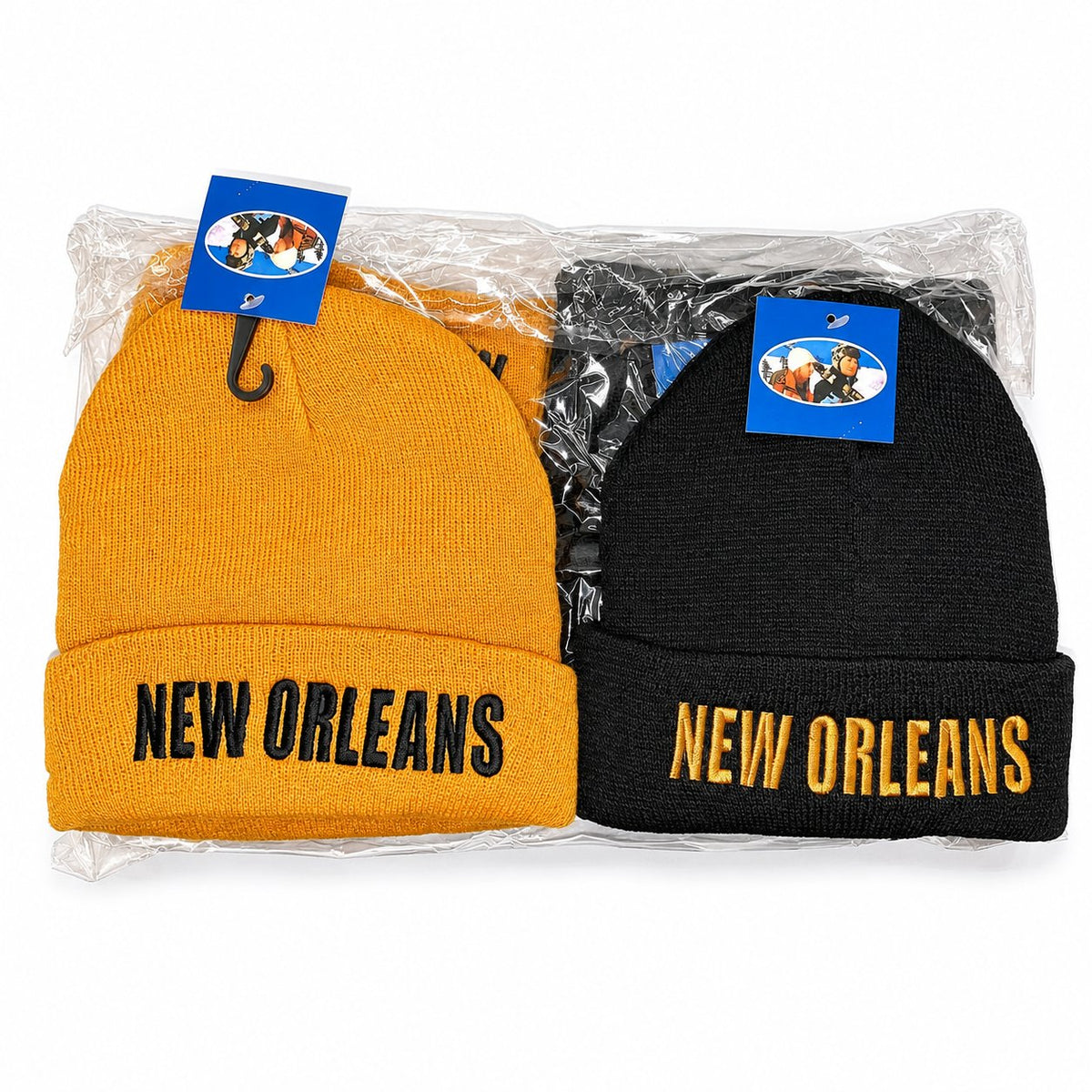 New Orleans embroidered beanies in gold and black