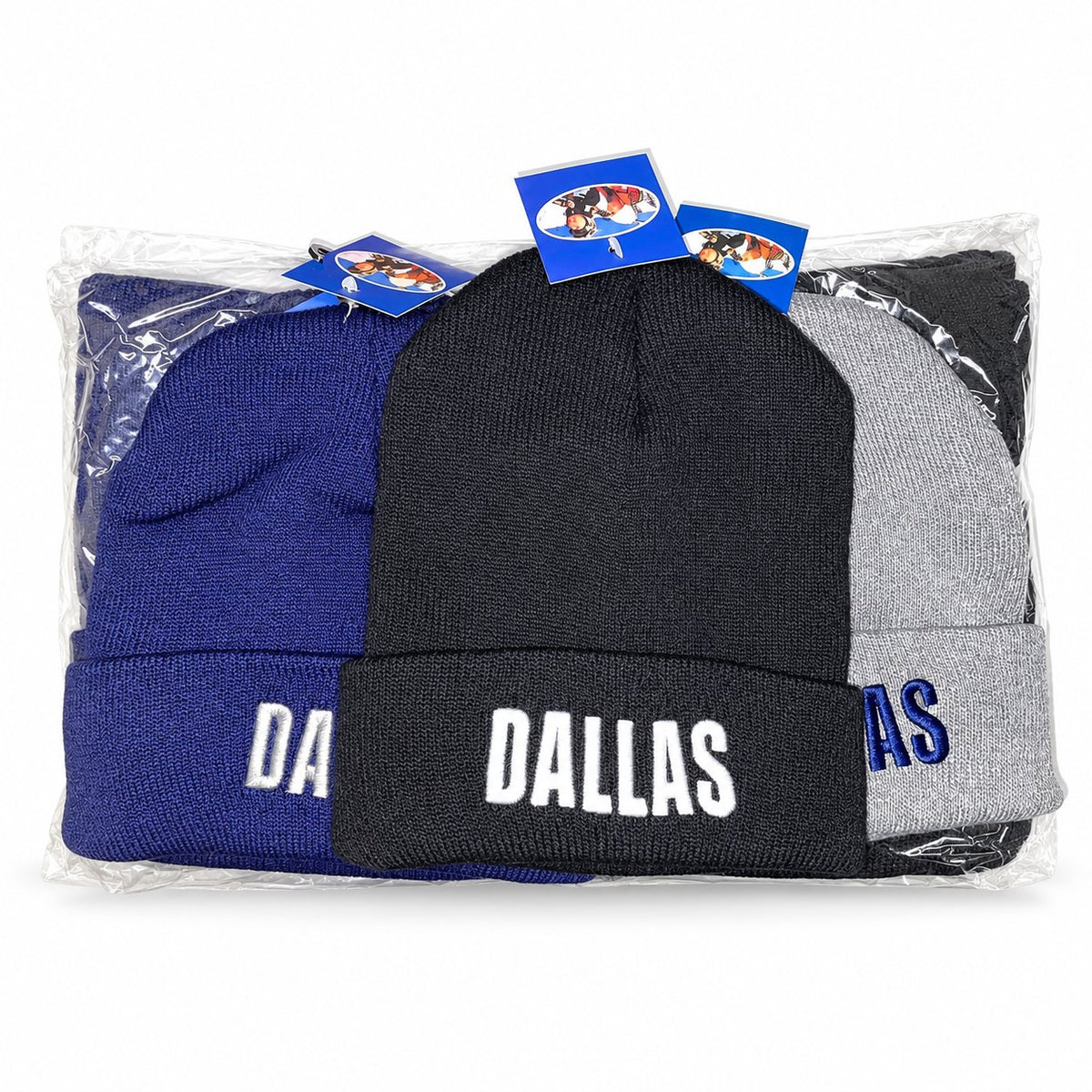 Dallas embroidered beanies in navy and gray