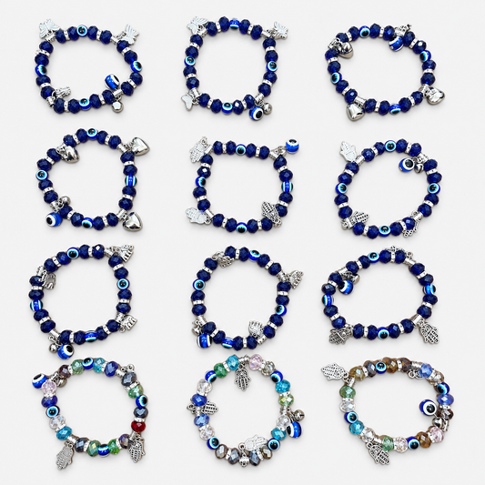 Complete 12-bracelet assortment of evil eye bead charm bracelets: 9 blue and 3 multicolor bracelets with assorted silver-tone charms.
