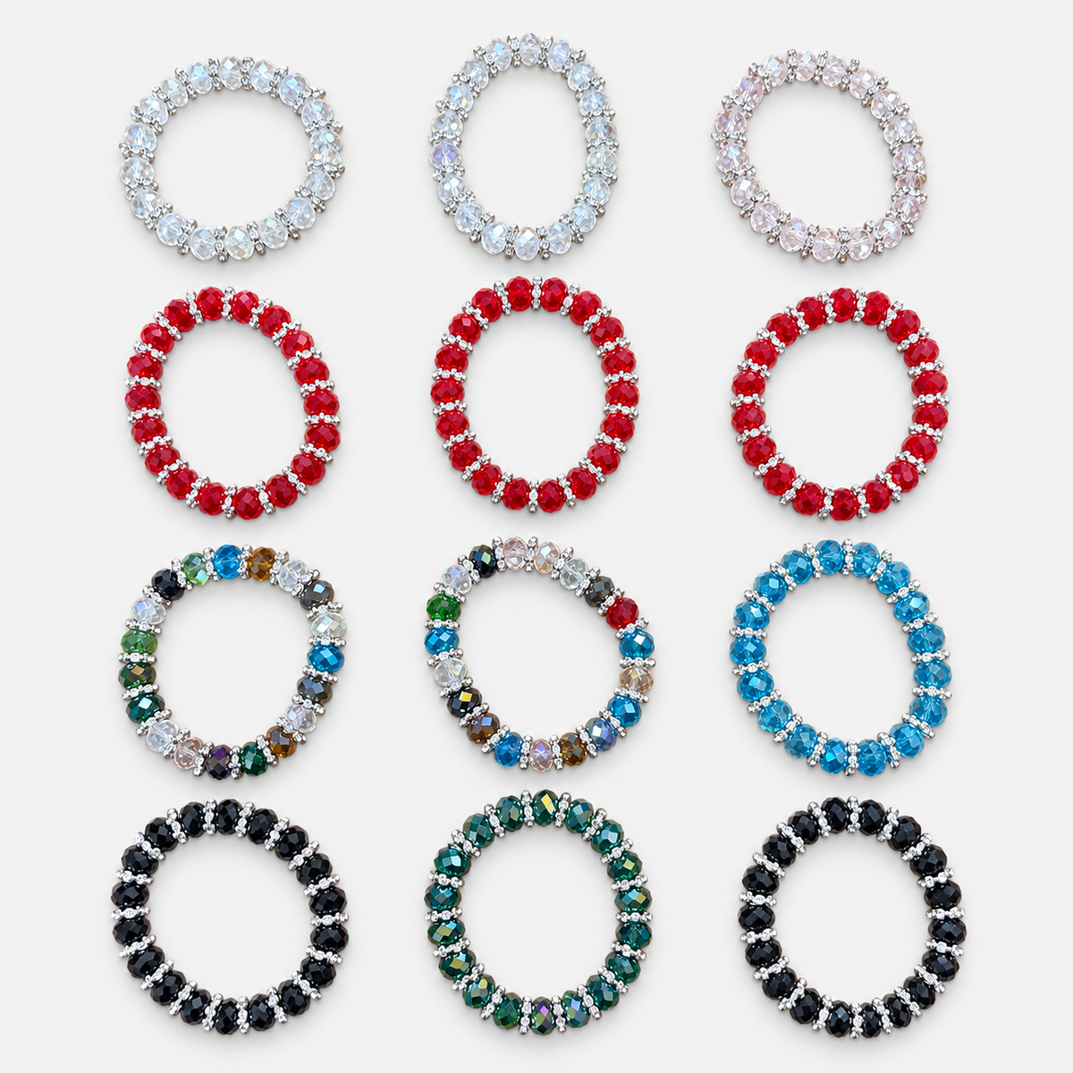 Complete 12-bracelet assortment of faceted bead bracelets with sparkling spacers: 3 clear, 3 red, 2 multicolor, 1 blue, 1 green and 2 black.