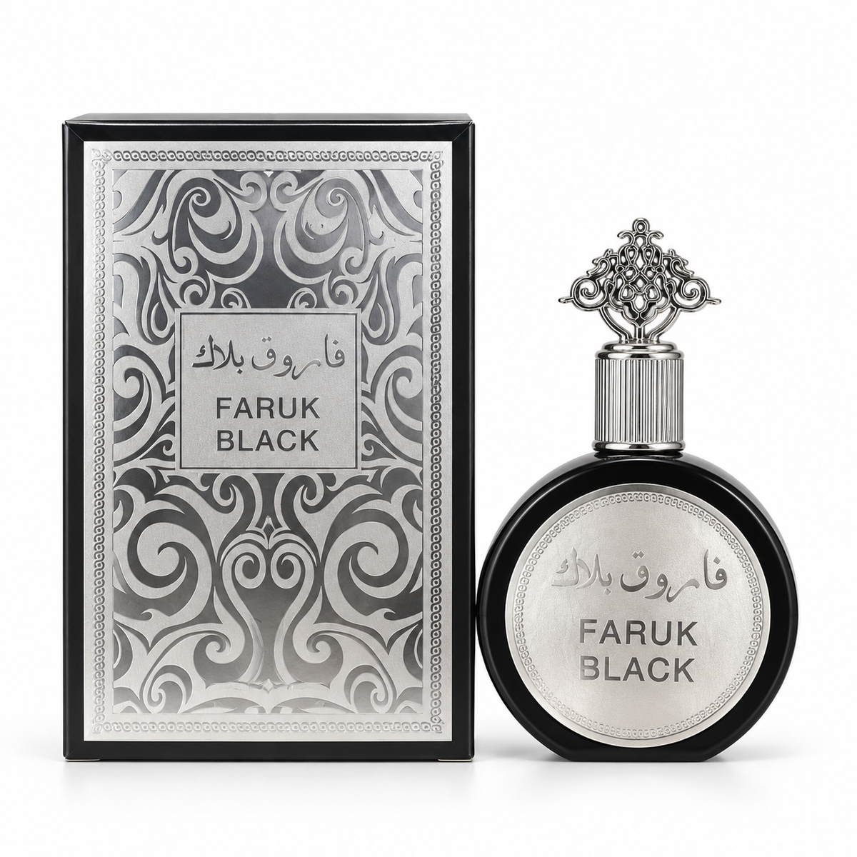 Faruk Black 100 ml Eau de Parfum bottle and box on a white background