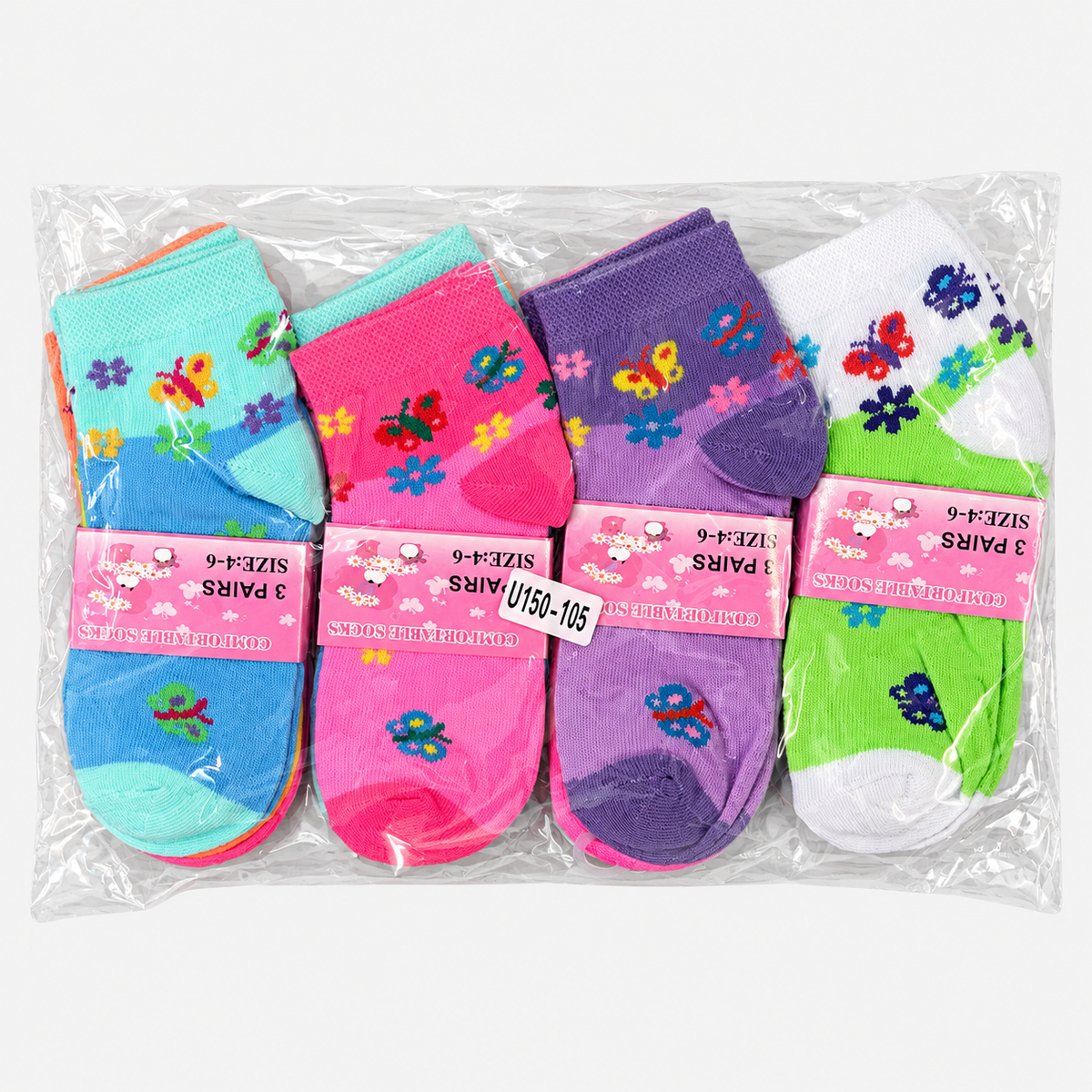 Girls socks size 4-6, assorted colors and patterns, 12-pair pack
