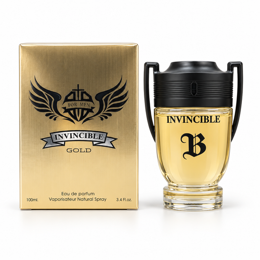 Invincible Gold 100 ml bottle and coordinating box on a white background